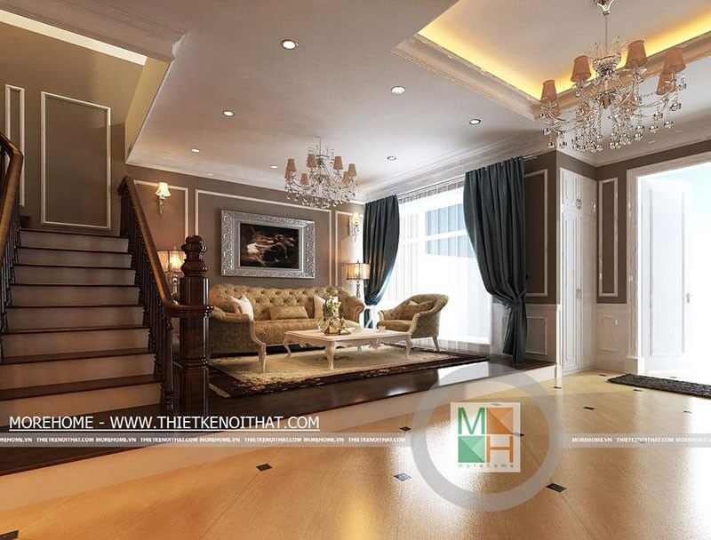 Thiết kế nội thất phòng khách với những chi tiết từ tranh ảnh, đèn tạo nét tân cổ điển ấn tượng, sang trọng hơn cho căn phòng thiết kế phòng khách