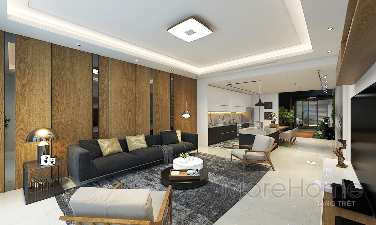 Thiết kế nội thất phòng khách với nội thất gỗ đephiện đại tại nhà phố VinCom Gợi ý các mẫu trang trí phòng khách cao cấp sang trọng