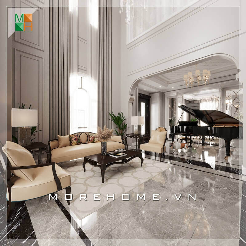 Một cây đàn piano được đặt tại không gian phòng khách có cùng tone màu bộ bàn ghế sofa óc chó là điểm nhấn độc đáo, thể hiện sự tinh tế và sáng tạo của KTS tạo nên một không gian phòng khách lý tưởng. Các ý tưởng trang trí phòng khách độc đáo