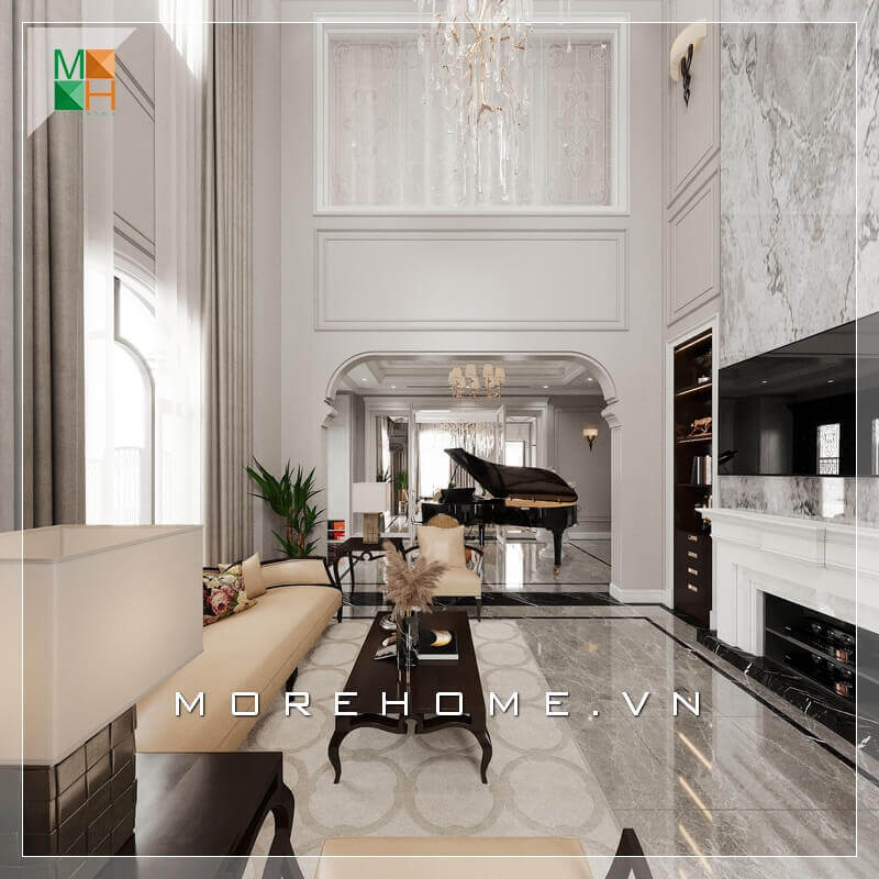 Morehome gợi ý cho bạn mẫu thiết kế nội thất không gian phòng khách tân cổ điển sang trọng, cao cấp cho biệt thự, nhà phố, penthouse , chung cư cap cấp. Liệt kê các mẫu phòng khách đẳng cấp và tiện nghi