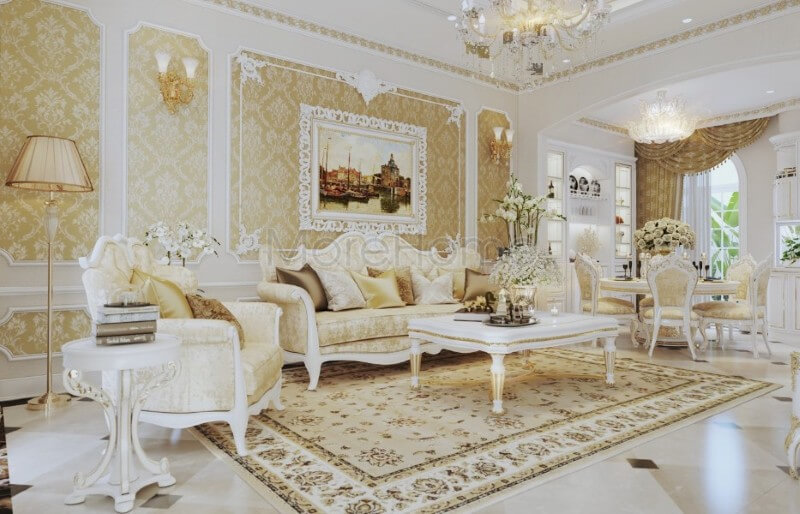 Thiết kế nội thất phòng khách chung cư, biệt thự tân cổ điển được kiến trúc sư đầu tư tỉ mỉ về cả đường nét và màu sắc, thể hiện được đúng cái Tham khảo các mẫu thiết kế phòng khách độc đáo