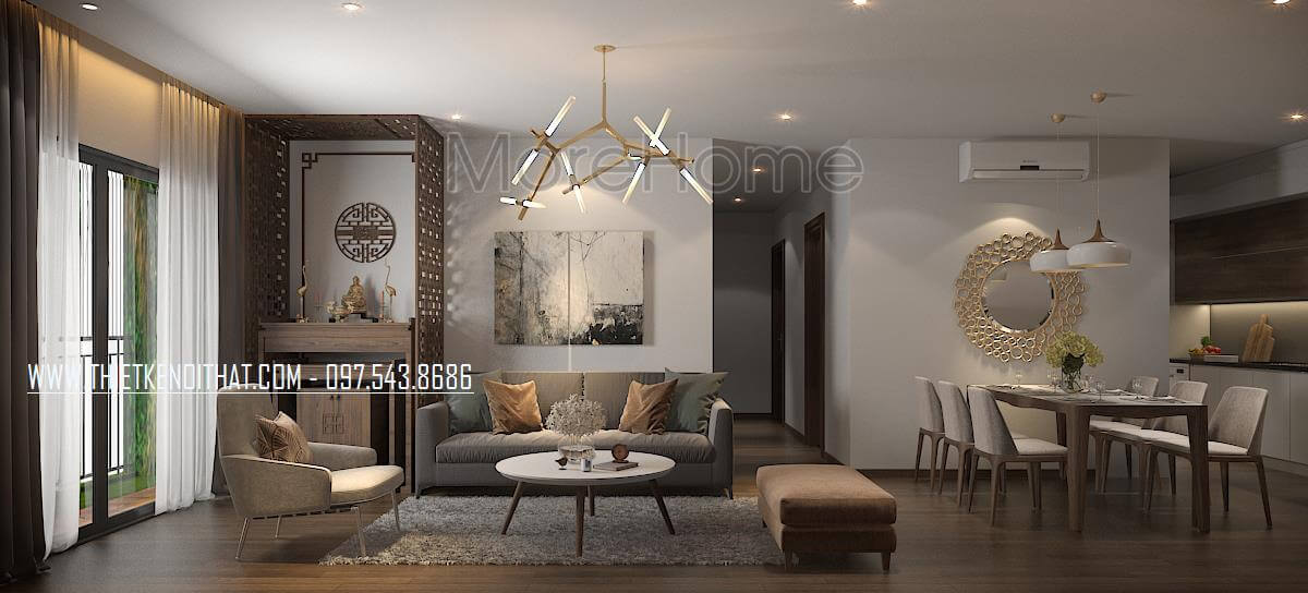Thiết kế nội thất phòng khách hiện đại nhờ vào sự kết hợp của mẫu sofa văng bằng nỉ, đôn sofa, bàn trà hiện đại Điểm qua các mẫu thiết kế phòng khách