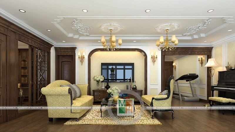 Thiết kế nội thất phòng khách chung cư Mandarin cao cấp với phong cách tân cổ điển cùng đồ nội thất gỗ tự nhiên cao cấp. Tư vấn chọn lựa mẫu thiết kế phòng khách độc đáo