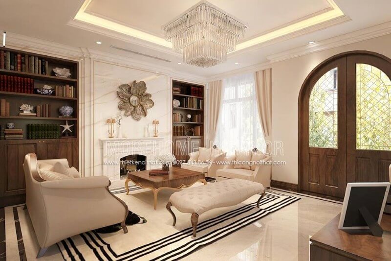 Chất liệu chủ đạo là gỗ óc chó nhập khẩu, kết hợp với đá ốp tường cao cấp, thảm trải sàn, đèn chùm, kệ tủ, lò sưởi... tất cả tạo nên một phòng khách hoàn mỹ và sang trọng nhất Tư vấn chọn lựa mẫu thiết kế phòng khách độc đáo
