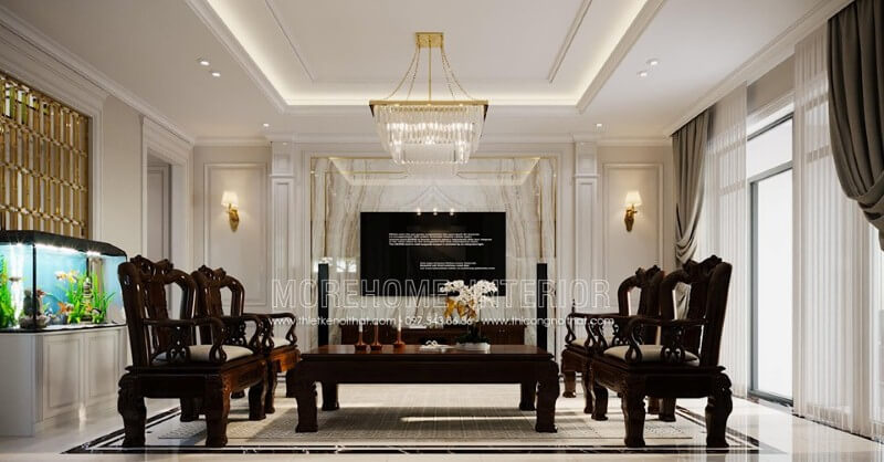 Đá đối vân ốp tường đẹp sang trọng tạo vẻ đẹp ấn tượng cho phòng khách biệt thự, nhà phố cao cấp. Gợi ý các mẫu bố trí phòng khách sang trọng