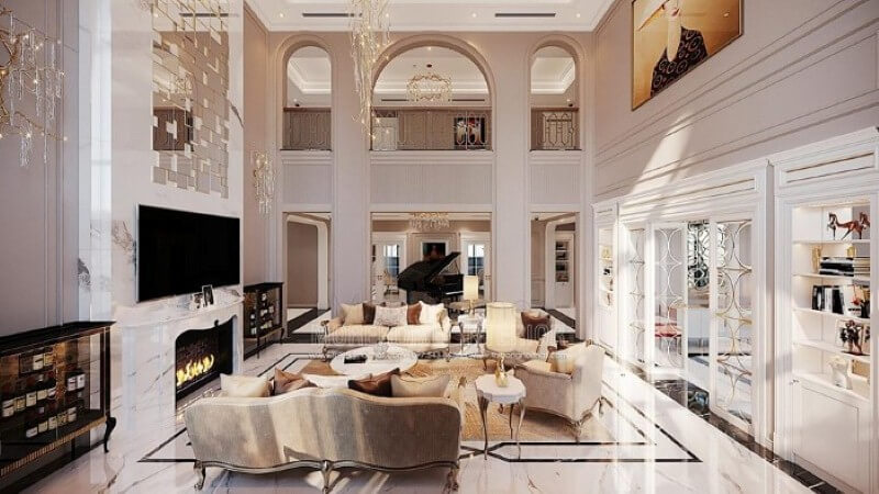 Thiết kế nội thất biệt thự Vinhomes Imperia Hải Phòng ấn tượng với phòng khách thông tầng đẹp, sang trọng. Xu hướng thiết kế phòng khách tiện nghi
