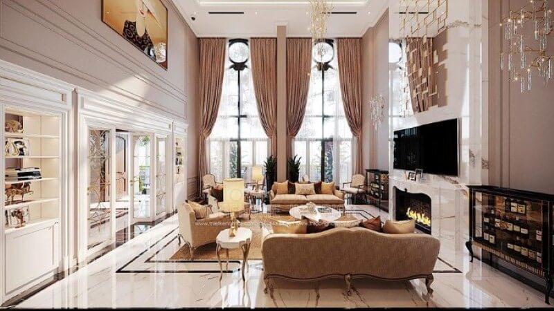 Thiết kế nội thất phòng khách tân cổ điển đẹp, sang trọng tại Vinhomes Imperia Hải Phòng. BST thiết kế phòng khách phong cách đa dạng