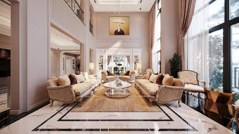 Trang trí nội thất phòng khách thông tầng biệt thự tân cổ điển cao cấp tại Vinhomes Imperia Hải Phòng. Sự lôi cuốn kỳ diệu từ các mẫu thiết kế phòng khách đa phong cách