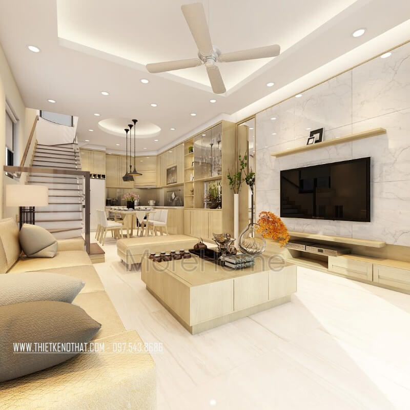Nội thất phòng khách với tông màu pastel nhẹ nhàng từ gỗ tạo cảm giác dễ chịu và sự tinh tế trong không gian phòng được thoáng rộng hơn. Thiết kế phòng khách tại Hà Nội