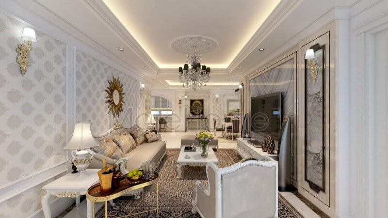 Trang trí nội thất phòng khách chung cư đẹp hơn với tone màu trắng sáng được sử dụng tạo điểm nhấn cho các đường nét trạm khắc tinh xảo và khéo léo. “thiết