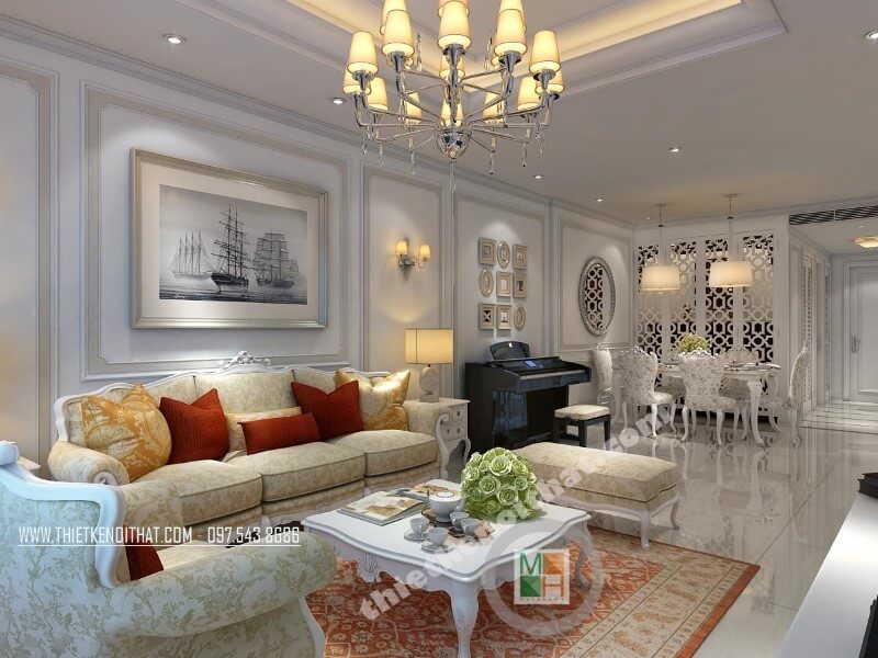 Trang trí nội thất phòng khách chung cư cao cấp phong cách tân cổ điển “thiết