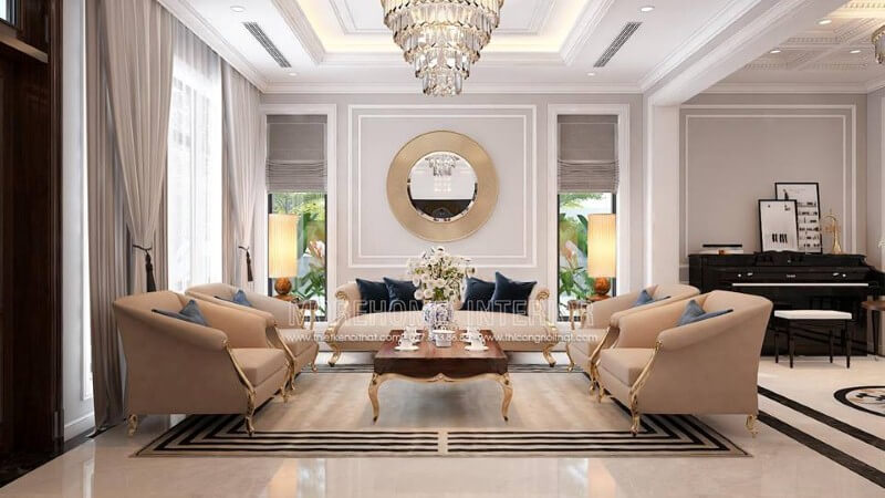 Bộ bàn ghế sofa chân gỗ mạ vàng đẹp, sang trọng cho không gian phòng khách biệt thự, nhà phố. Thiết kế phòng khách tại Hà Nội