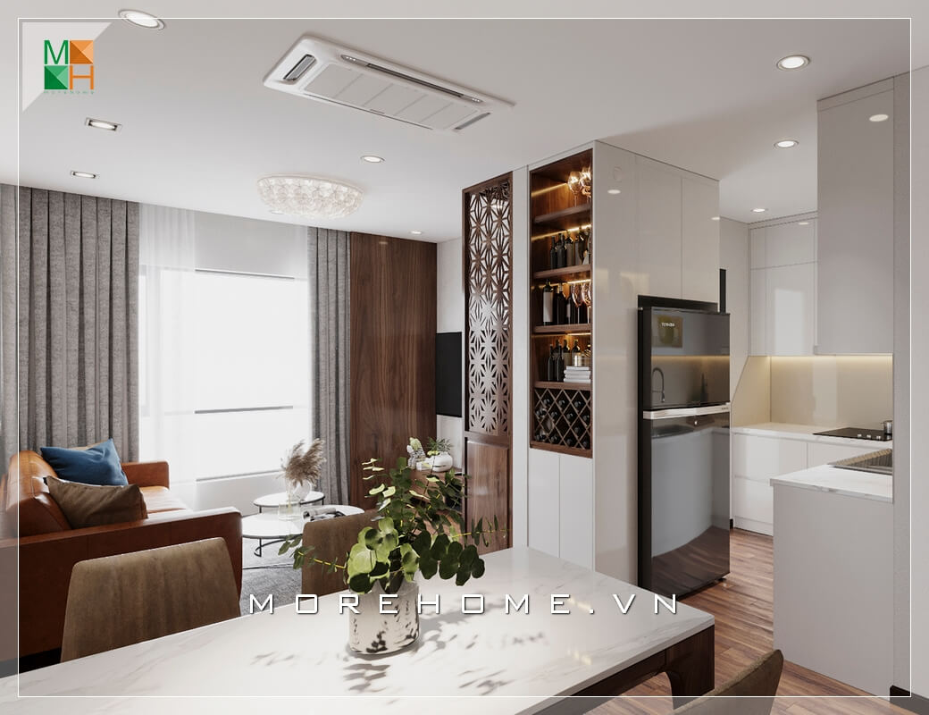 Thiết kế nội thất không gian nhà phố, chung cư đơn giản phong cách hiện đại. Phòng khách liền phòng ăn và phòng bếp, có tính liên kết hài hòa và tiện lợi phù hợp với không gian nhà có diện tích hạn chế. Thiết kế phòng khách tại Hà Nội