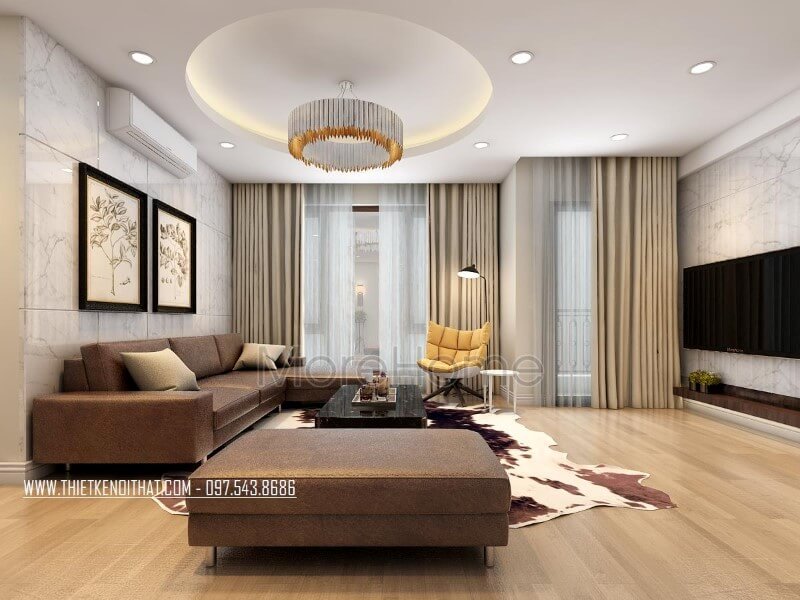 Với sự kết hợp hài hòa của các gam màu chủ đạo trung tính, mẫu thiết kế nội thất phòng khách chung cư hiện đại này đã mang lại cho gia chủ một không gian sinh hoạt chung thoải mái, dễ chịu và không kém phần sang trọng Thiết kế phòng khách tại Hà Nội