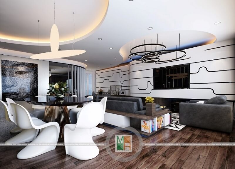 Mẫu thiết kế phòng khách chung cư đẹp sử dụng gỗ ốp sàn màu nâu sang trọng kết hợp nội thất hiện đại, độc đáo mang đến một căn phòng khách lí tưởng Tổng hợp các mẫu thiết kế phòng khách đẳng cấp sang trọng
