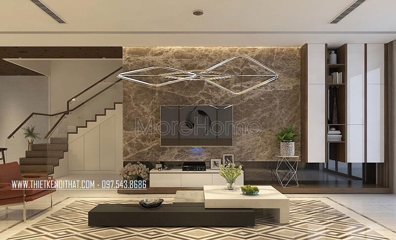Thiết kế nội thất phòng khách hiện đại kết hợp giữa màu trắng và mảng trường màu tối bằng đá tự nhiên cao cấp tạo sự hài hòa, sang trọng Chiêm ngưỡng các mẫu thiết kế phòng khách sang trọng tinh tế