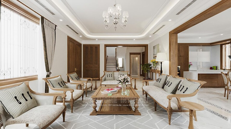 Morehome đem đến cho khách hàng mẫu thiết kế nội thất phòng khách cao cấp với chất liệu gỗ tự nhiên màu sắc nhẹ nhàng, tinh tế Thiết kế phòng khách đẹp