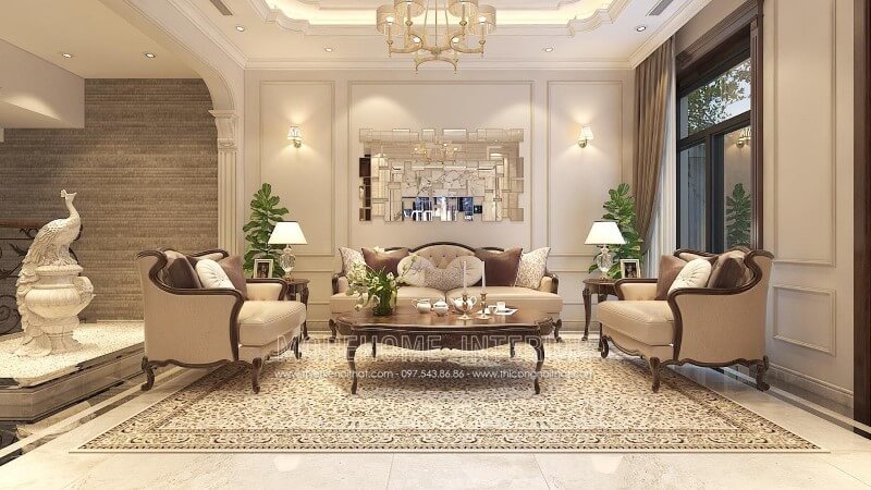 Thiết kế sofa gỗ óc chó cao cấp cho không gian biệt thự tân cổ điển. Thiết kế phòng khách tại Hà Nội