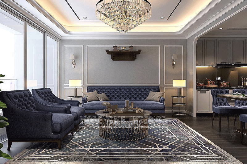 Phòng khách được thiết kế ấn tượng với phong cách tân cổ điển gam màu tím than Xem ngay các mẫu thiết kế phòng khách đẹp đa phong cách