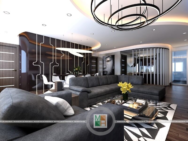 Mẫu thiết kế nội thất phòng khách chung cư cao cấp với đồ nội thất sang trọng: sofa da cao cấp, đèn trang trí, gỗ ốp sàn ,.. mang đến không gian sống đẳng cấp cho gia chủ Chọn lựa các mẫu bố trí phòng khách đẹp tuyệt vời nhất