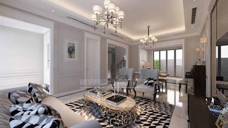 Thiết kế nội thất phòng khách thoáng mát và sang chảnh với mẫu đồ nội thất tự nhiên màu trắng sữa kết hợp chi tiết màu đen lôi cuốn Chọn lựa các mẫu bố trí phòng khách đẹp tuyệt vời nhất