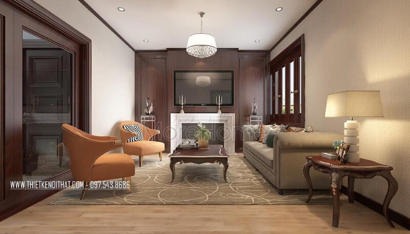Nội thất phòng khách gỗ tự nhiên nhập khẩu, tone màu sáng được KTS lựa chọn chủ đạo giúp khắc phục được bài toán khó về diện tích không gian nhỏ Xem ngay các mẫu thiết kế phòng khách đẹp đa phong cách