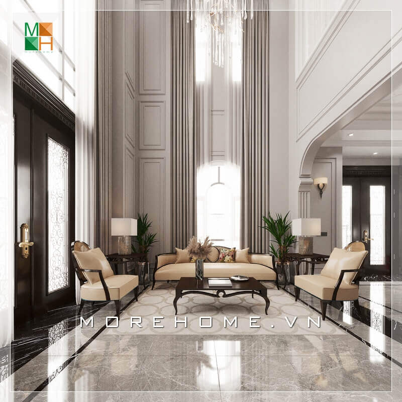 Thiết kế không gian phòng khách tân cổ điển rộng và đẳng cấp với mẫu bàn ghế phòng khách bàn gỗ tự nhiên cao cấp, ghế sofa bọc da sang trọng. Xem ngay các mẫu thiết kế phòng khách đẹp đa phong cách