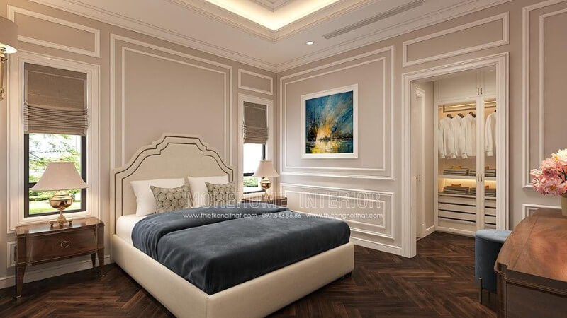 Trang trí nội thất phòng ngủ tân cổ điển đẹp, sang trọng, tinh tế với tone trắng chủ đạo từ giường, tường, trần thạch cao. Thiết kế nội thất