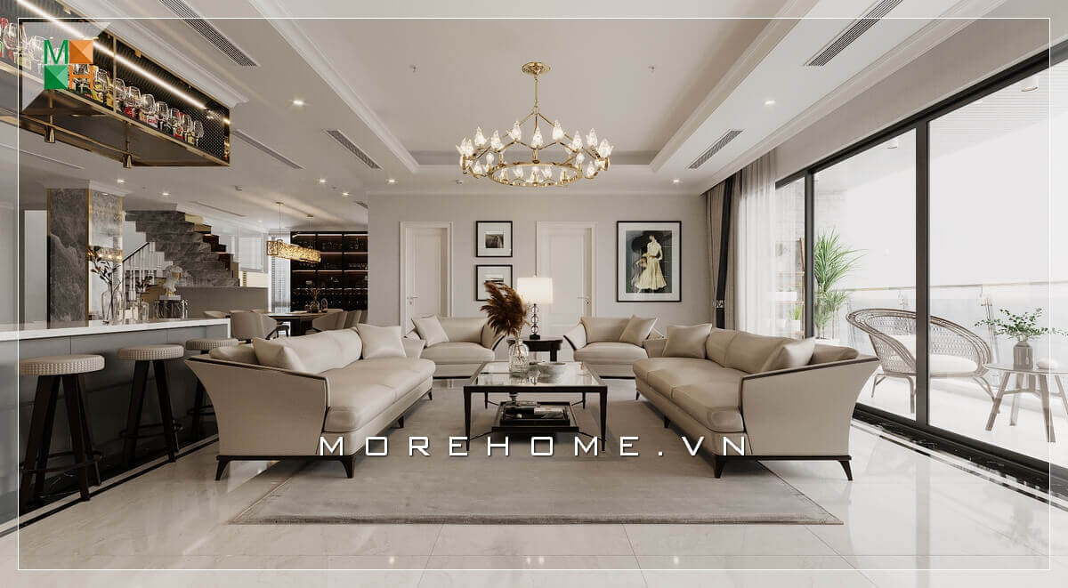 Mẫu sofa cao cấp đẹp, sang trọng, chất liệu chính của bộ bàn ghế sofa là bọc da chân gỗ đẹp màu trắng sữa phù hợp với tone màu chủ đạo của căn nhà. Gợi ý những mẫu bày trí phòng khách đẹp sang trọng nhất
