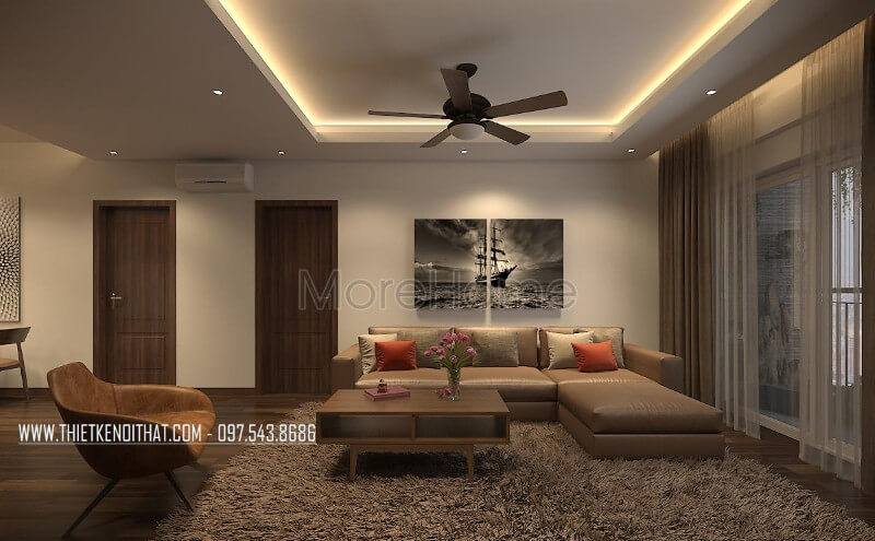 Thiết kế nội thất phòng khách với gam màu tối nhưng sang trọng tạo chiều sâu và thu hút điểm nhìn mỗi khi khách tới nhà. Thiết kế phòng khách tại Hà Nội