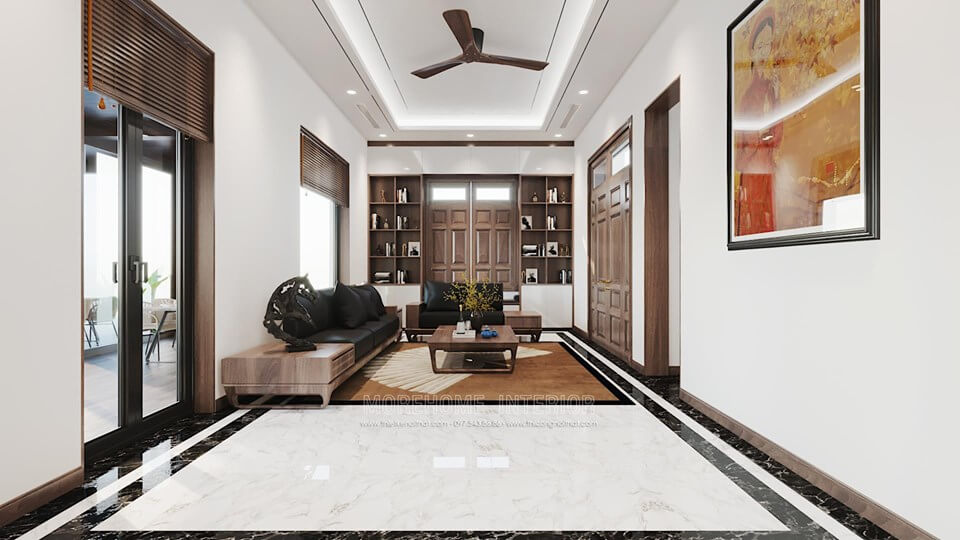 Thiết kế nội thất gỗ óc chó cho phòng khách nhà phố, không gian tiếp khách sang trọng, hiện đại Các mẫu bố trí phòng khách đẹp tiện nghi đa phong cách