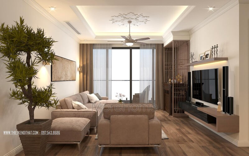Thiết kế nội thất phòng khách chung cư hiện đại với gam màu nâu nhạt đầm ấm dễ chịu Các mẫu bố trí phòng khách đẹp tiện nghi đa phong cách