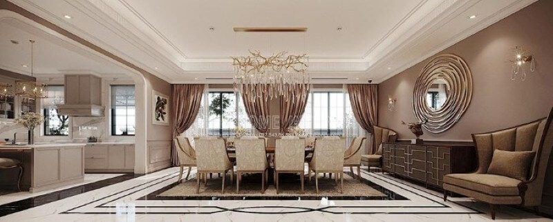 Bộ bộ bàn ăn 10 ghế đẹp, sang trọng tạo điểm nhấn sang trọng cho toàn bộ không gian.
