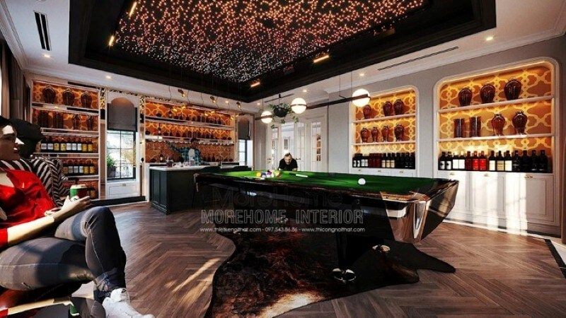 Sắp xếp nội thất phòng giải trí ấn tượng với không gian bi-a được lồng trong hầm rượu siêu sang tại biệt thự Hải Phòng cao cấp.