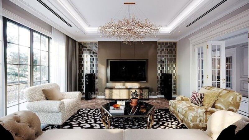 Vách kim loại mạ vàng kết hợp cùng tấm ốp tường đơn sắc tạo nên không gian sang trọng cho biệt thự, nhà phố.