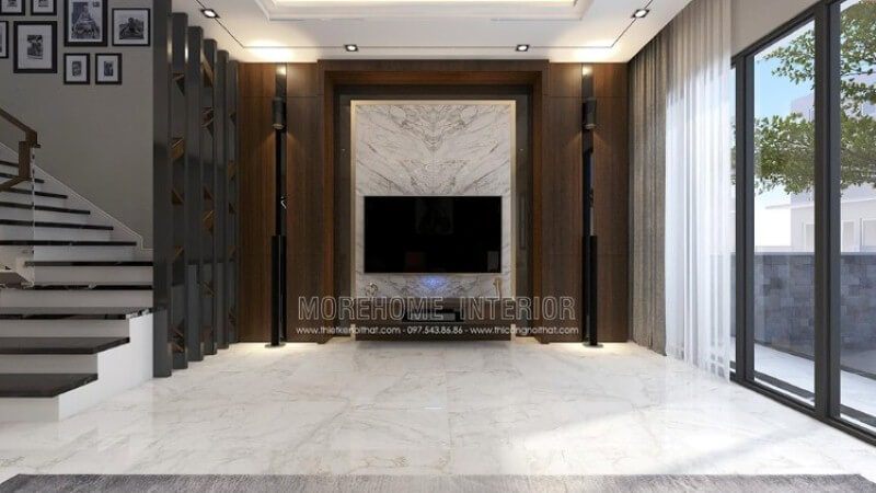 Mẫu đá đối vân ốp tường phòng khách đẹp độc đáo ấn tượng cho các không gian biệt thự, nhà phố hiện đại.